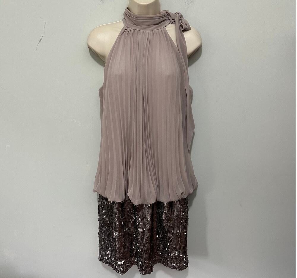 Vintage Cache Dress Large Taupe Pleated Bubble Tie Neck Sequin Cocktail Glam